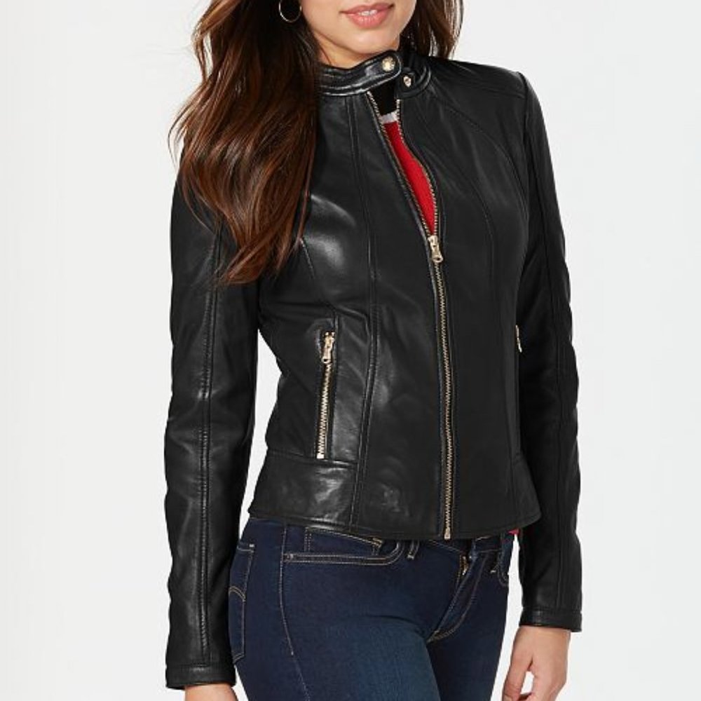 Guess Snap Collar Leather Jacket  Black Small